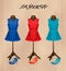 Retro fashion boutique background with colorful dr