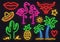 Retro fashion neon sign. Glowing fluorescent cactus, pink flamingo and bull signs. Bright palm, sombrero and pineapple