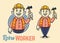 Retro fat construction worker character, vintage builder mascot, funny and adorable man