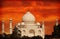 Retro filtered sunset over Taj Mahal, India