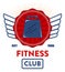 Retro fitness club logo features winged kettlebell, bright emblem. Vintage gym insignia with athletic equipment, wing