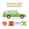 Retro flat surf car design and elements - surfboards, glasses, flower. Best summer vacation, beach recreation, water