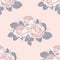 Retro floral seamless pattern. White roses with blue gray leaves on pastel pink background. Vector illustration