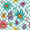 Retro flower pattern. Groovy checkered background. Geometric grid. 70s sunflower graphic. Daisy and hippie peace symbols