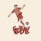 Retro football soccer in sports uniform going to penalty kick ball. Vintage footballer motion. Vector outline