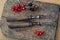 Retro forks with wooden handles and a currant berry on an old cutting Board. Top view, minimalism. Vintage still life