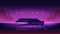Retro future. 80s style sci-fi background with flying supercar. Futuristic retro car. Vector retro futuristic synth illustration