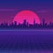 Retro future 80s style sci-fi wallpaper. Futuristic night city. Cityscape on a dark background with bright and glowing neon purple