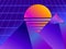 Retro futurism pyramid. Perspective grid. Neon sunset. Synthwave retro background. Retrowave. Vector