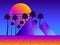 Retro futurism pyramids with palm trees. Perspective grid. Neon sunset. Synthwave retro background. Retrowave. Vector