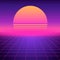 Retro futuristic background vaporwave. Neon geometric synthwave grid, light space with setting sun.