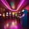 A retro-futuristic entertainment space featuring neon lights, vintage arcade games, and a futuristic bar2