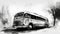 Retro-futuristic Ink Painting Of A Child\\\'s Drawing Bus In Black And White