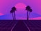 Retro futuristic landscape with palm trees. Neon sunset in the style of 80s. Synthwave retro background. Retrowave. Vector