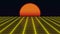 Retro futuristic landscape with sunset 1980s style, digital summer landscape with grid surface, 3D rendering