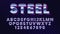 Retro futuristic latin font, shiny chrome letters and numbers, stylish retro synth wave alphabet metallic effect in 80s style