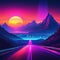 retro futuristic nostalgic Night and sunset neon cyberpunk vintage mountains and Retrowave VJ videogame