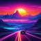retro futuristic nostalgic Night and sunset neon cyberpunk vintage mountains and Retrowave VJ videogame