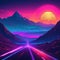 retro futuristic nostalgic Night and sunset neon cyberpunk vintage mountains and Retrowave VJ videogame