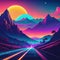 retro futuristic nostalgic Night and sunset neon cyberpunk vintage mountains and Retrowave VJ videogame