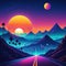 retro futuristic nostalgic Night and sunset neon cyberpunk vintage mountains and Retrowave VJ videogame