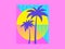 Retro futuristic palm trees in 80s style at sunset. Summer time, palm trees on the background of the sun, synthwave style. Design