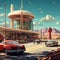 retro-futuristic road trip scene, with vintage cars equipped with futuristic technology