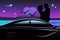 Retro futuristic side view of 80s supercar on trendy synthwave, vaporwave, sunset background. 80`s concept with heart sunset.