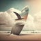 Retro-futuristic sunny day on the beach, realistic photography, surfboard, sand, waves, clouds