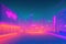 Retro futuristic synthwave retrowave styled night cityscape with sunset on background. Cover for retro wave music. Generative AI