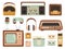 Retro gadgets. 80s electronic cassette recorder tape audio music player radio cell phone vector pictures