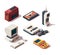 Retro gadgets. Computer camera telephone vhs player game console portable old devices vector isometric