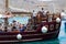 The retro galleon Peter Pan used for tourists fun tours in Teneriffe leaves the quayside at Los Cristianos with crew and passenger