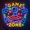 Retro game neon sign. Video games night light symbol, glowing gamer poster, gaming club banner. Vector retro neon flyer