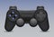 Retro gamepad and joystick icon on blue background.