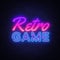Retro Games neon sign vector. Gaming Design template neon sign, light banner, neon signboard, nightly bright advertising