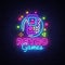 Retro Games Vector Logo. Retro geek gaming gamepad in hand neon sign, modern trend design, vivid vector illustration