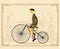 Retro gentleman with mustaches on a bicycle on old city background. Man riding bike Vector.