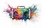 Retro ghetto blaster isolated on white with rainbow watercolor splash. Neural network AI generated