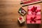 Retro gift wrapping, xmas concept, desk view from above with copy space