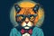 Retro ginger tom cat, wearing glasses and a bow tie, against the moon. Retro style digital illustration