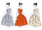 Retro girl in fashion dresses with patterns. Vector illustration
