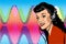 Retro girl listen music in her headphone, vector image