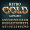 Retro Gold alphabet font. 3D slab serif letters, numbers and symbols with shadow.