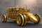 Retro gold car fantastic design in steampunk style with golden mechanical parts details. Generative Ai