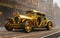 Retro gold car fantastic design in steampunk style with golden mechanical parts details. Generative Ai