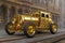 Retro gold car fantastic design in steampunk style with golden mechanical parts details. Generative Ai