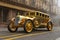 Retro gold car fantastic design in steampunk style with golden mechanical parts details. Generative Ai