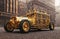 Retro gold car fantastic design in steampunk style with golden mechanical parts details. Generative Ai