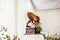 Retro gramophone decorated with fruit at a wedding banquet, decorating a buffet table